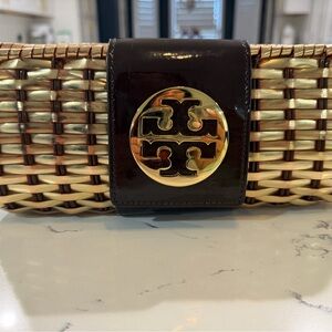 Tory Burch Chocolate Patent & Natural Woven Clutch with Gold Logo
